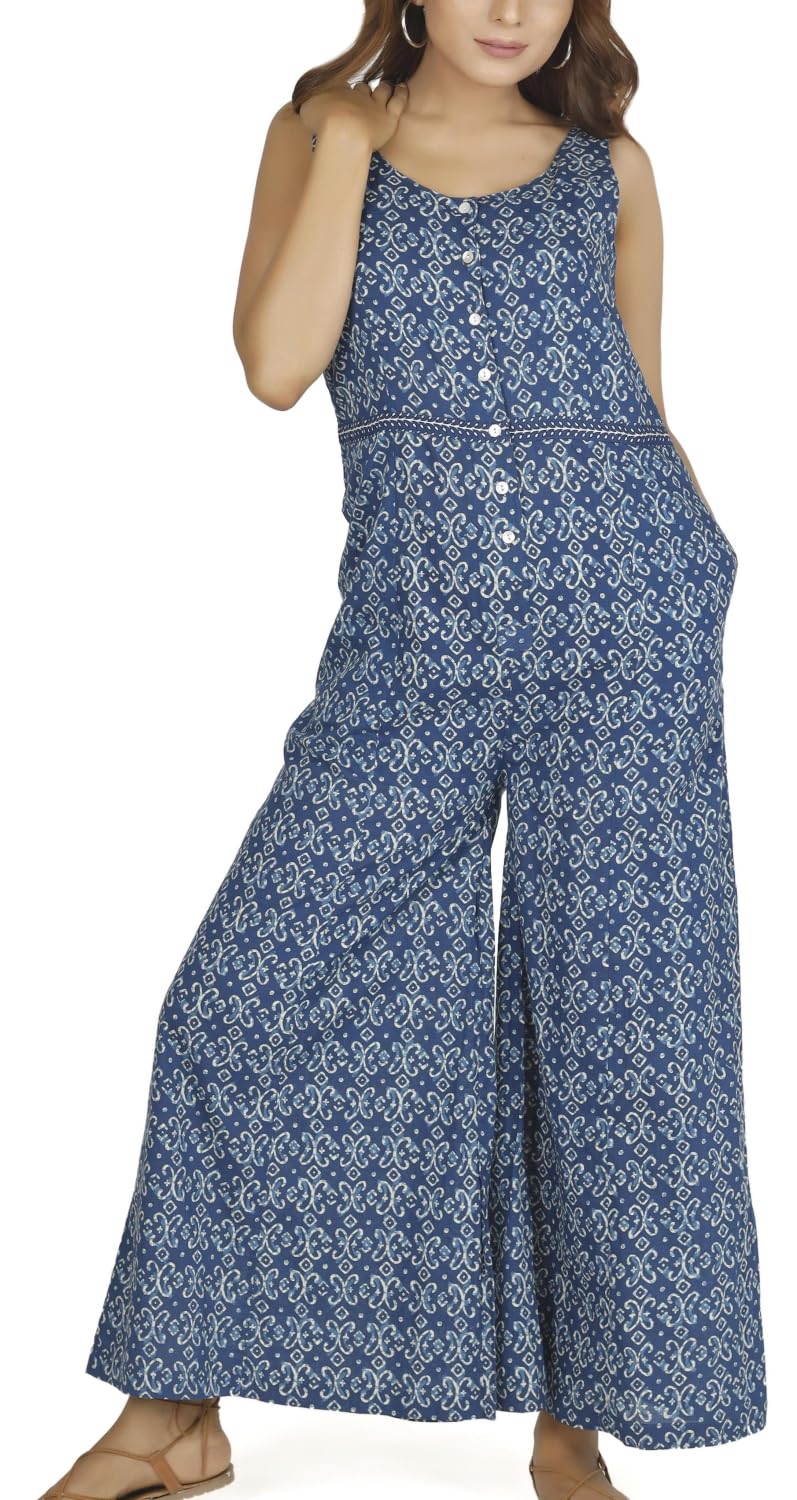 GURU SHOP Sommerliche Latzhose, Ethno Style Oversize Einteiler, Blockdruck Overall, Damen, Baumwolle