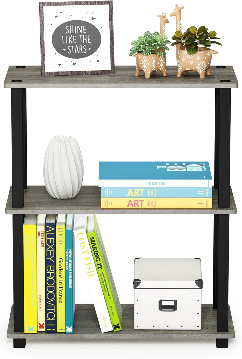 Furinno Compact Regalständer mit 3 Ablageflächen, holz, Französische Eiche Grau/Schwarz, 28.96 x 28.