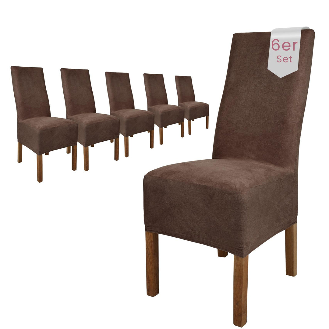 SCHEFFLER-Home Stuhlhussen 6er Set Leon Braun/elastische Wildleder Hussen für Stühle/Robustes Freisc