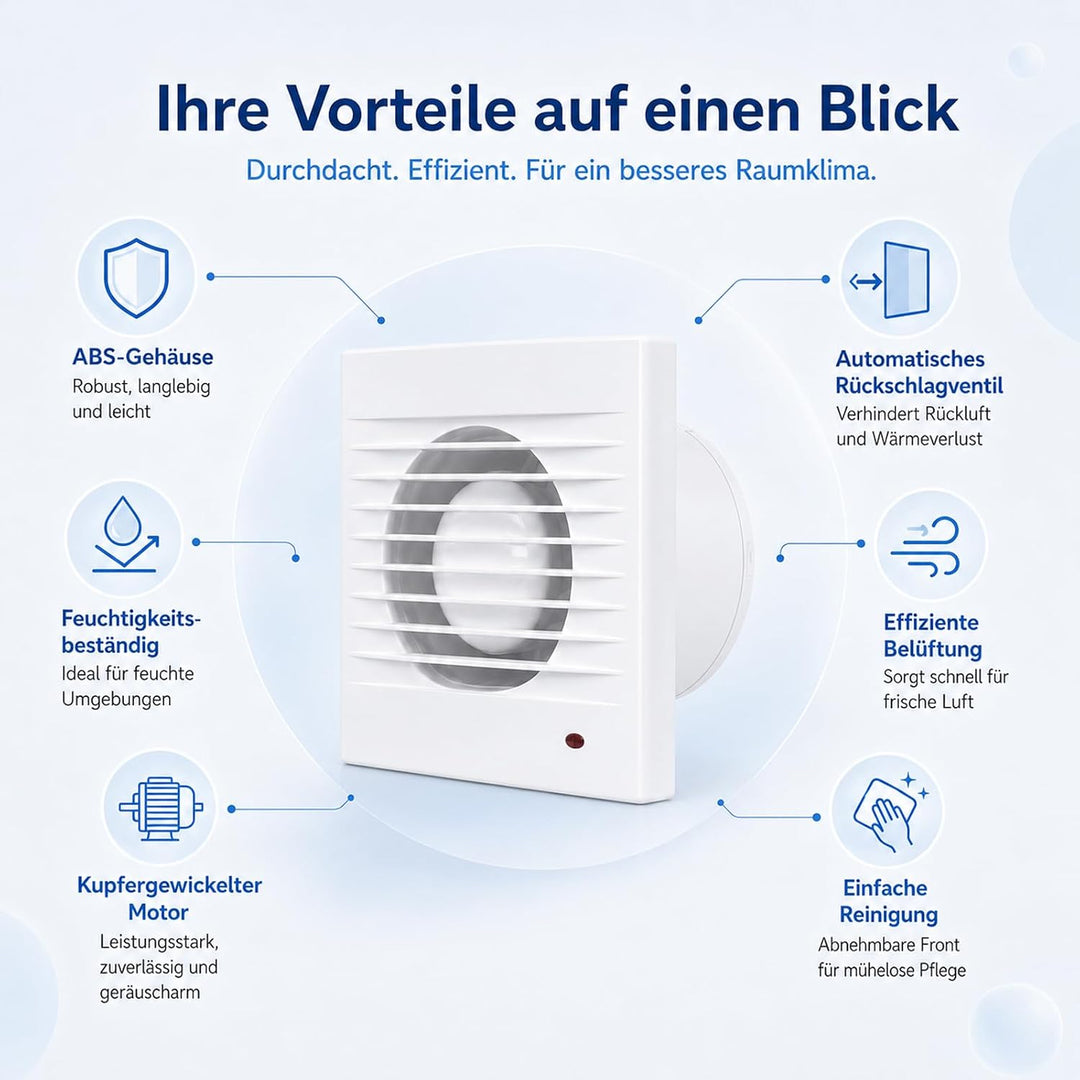 Badlüfter 150mm, 197m³/h Abluftventilator Küche, Badlüfter mit Rückstauklappe, 1.5m EU-Netzkabel für