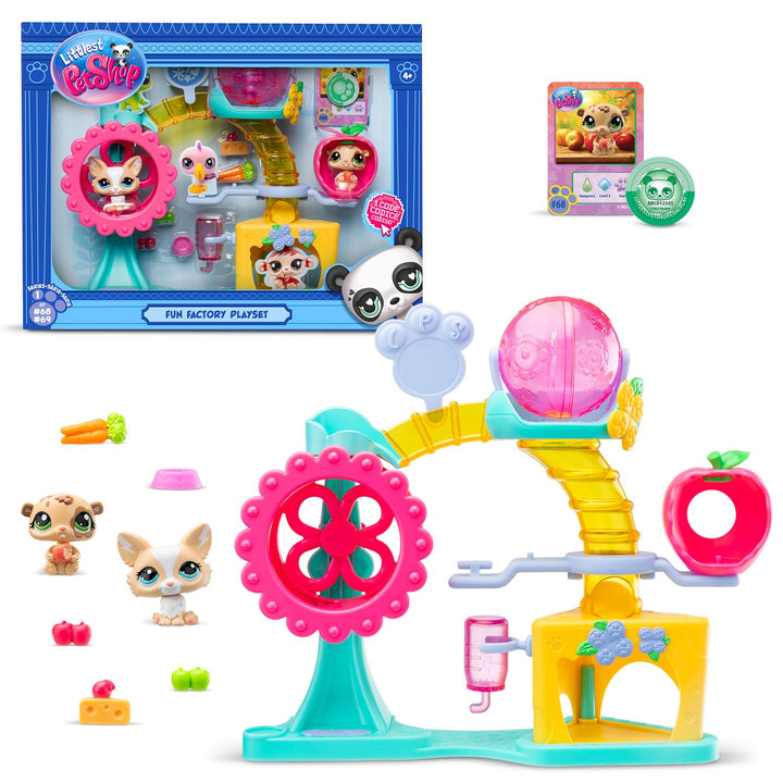 BANDAI Littlest Pet Shop - Fun Factory Set - Spielset mit 2 Tieren, Dekoration und Zubehör - Niedlic