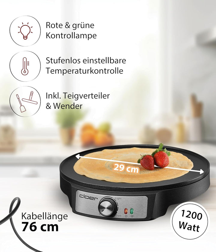 Cloer 6620 Crêpes-Maker, für süsse oder herzhafte Crepes mit 29 cm Ø, 1200 W, Antihaftbeschichtung,