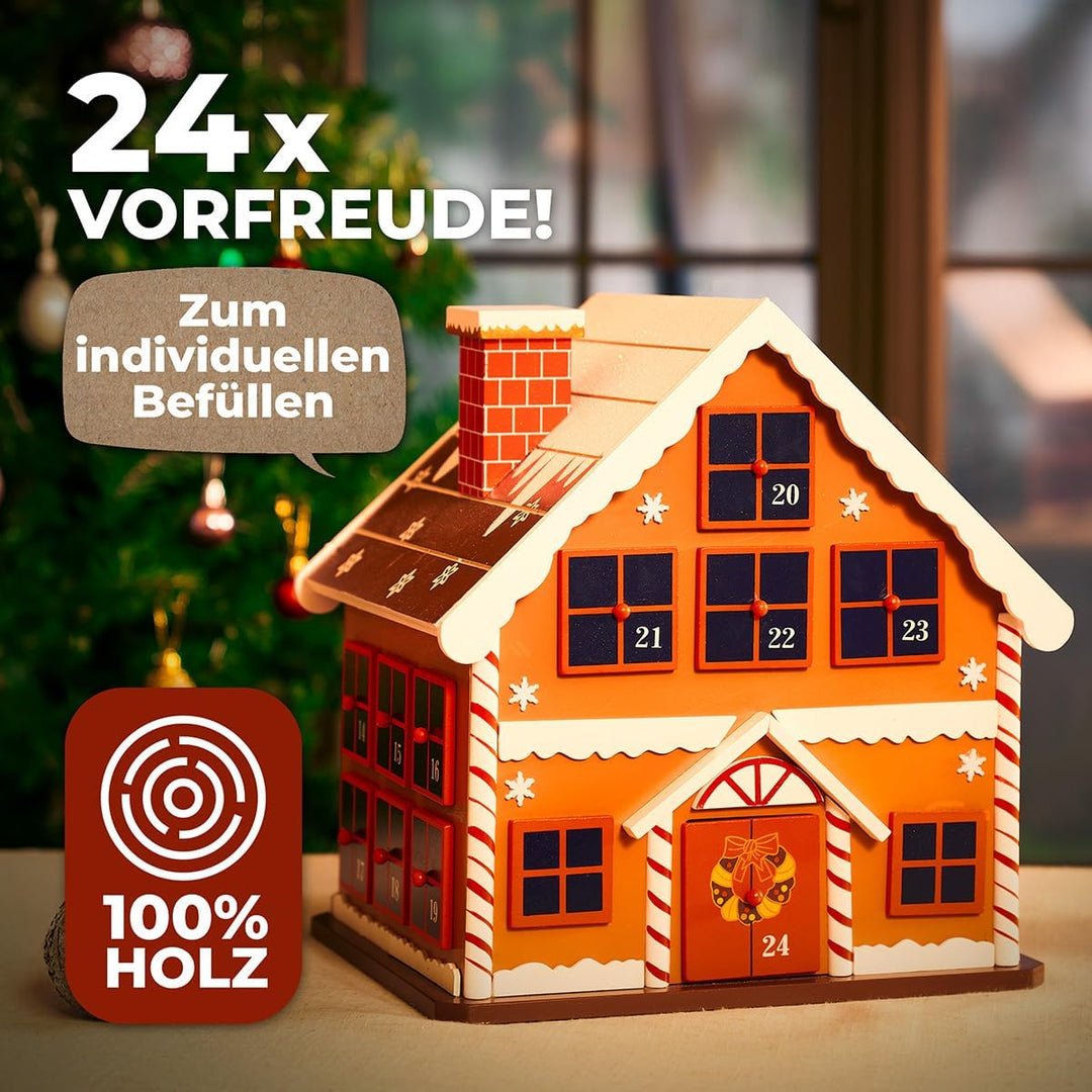 Spielwerk Wiederverwendbarer Adventskalender Winterhäuschen zum Befüllen 24 Türchen Bunt Bemalt Weih