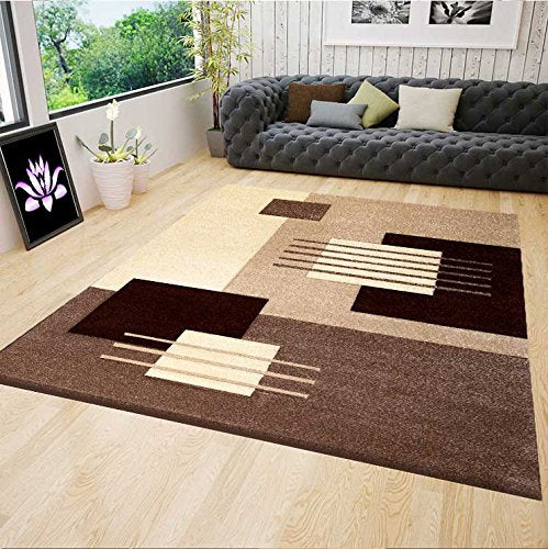 VIMODA Designer Teppich Kurzflor dichter Flor Wohnzimmer Braun Beige Kachel Linien mit Konturenschni