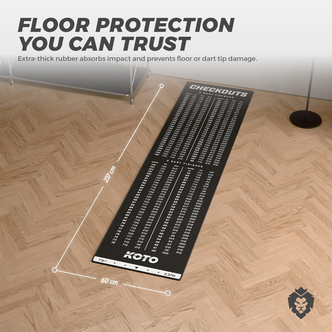 KOTO - Carpet Checkout Dartmatte, Schutz Bodens und Dartpfeile, Mit Score-Indikation + Oche 237x60cm