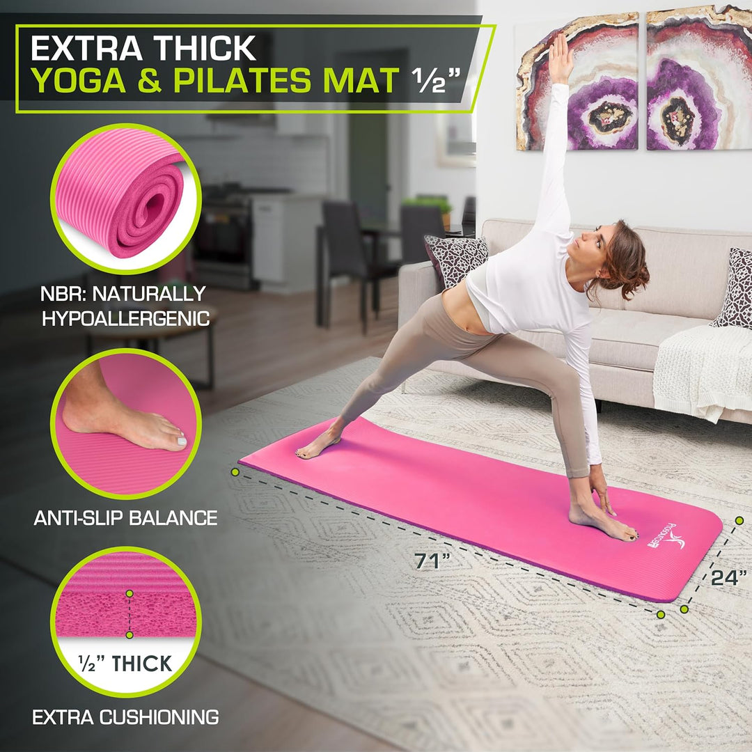 ProsourceFit Extra Thick Yoga and Pilates Mat 1/2" Pink, 1/2" Pink