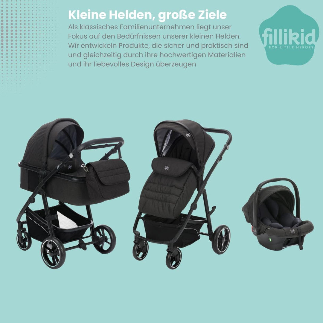 Fillikid 4-1 Kombi-Kinderwagen-Set Fill Jaguar mit Sportsitz, Babywanne mit Matratze, Babyschale, Wi