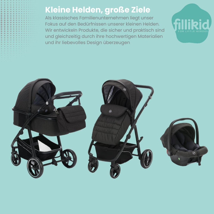 Fillikid 4-1 Kombi-Kinderwagen-Set Fill Jaguar mit Sportsitz, Babywanne mit Matratze, Babyschale, Wi