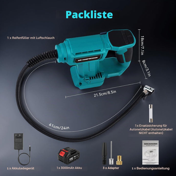 Tragbarer Luftkompressor für Batterien 18 V, max. 11 bar, automatischer Aufblaser mit digitalem Mano