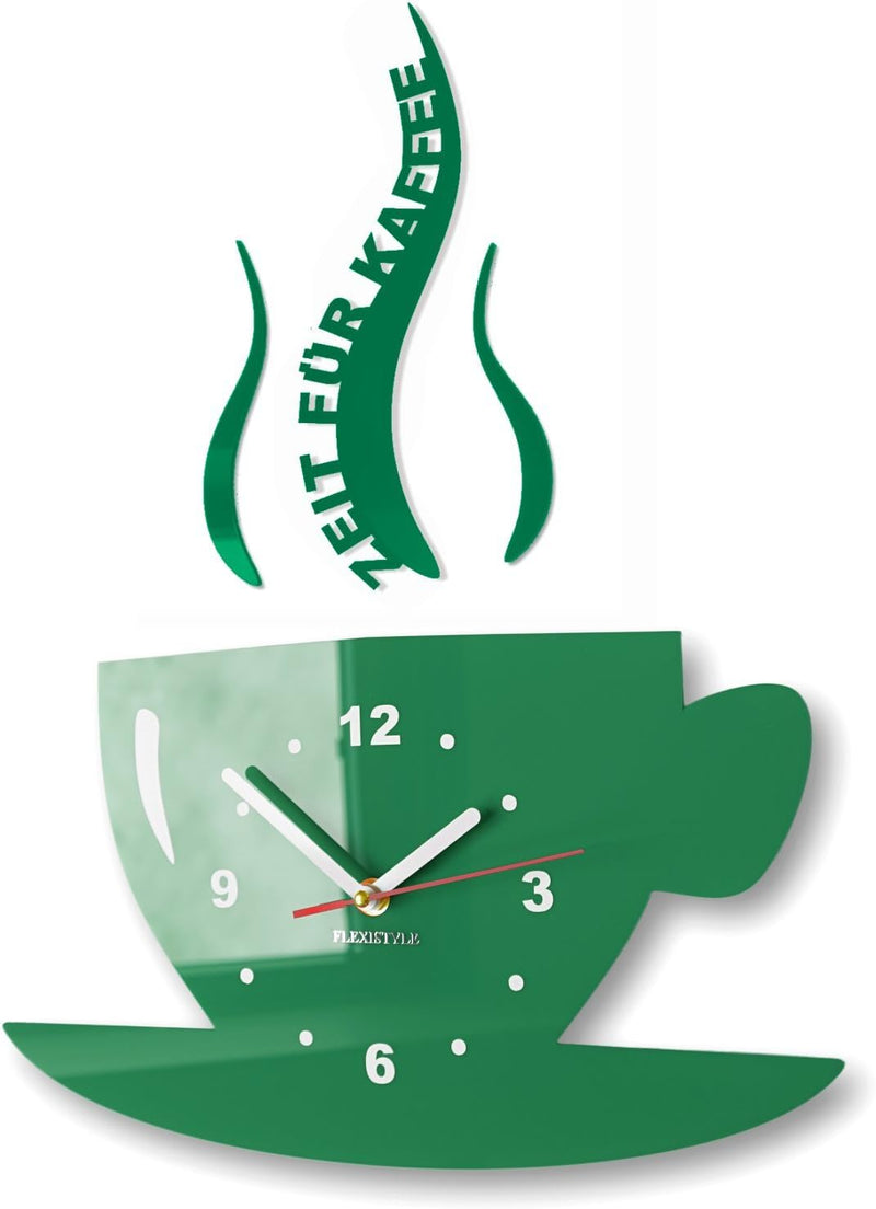FLEXISTYLE Tasse Zeit für Kaffee Moderne Küche Wanduhr, 3D römisch, wanduhr deko (dunkelgrün), Dunke