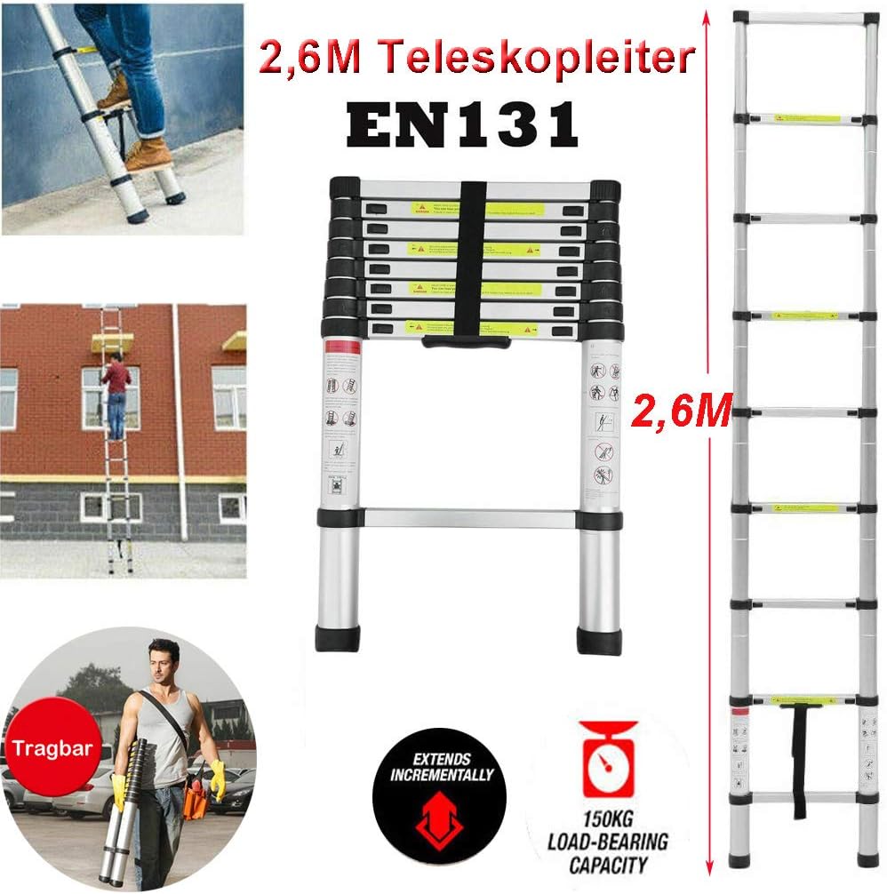 Teleskopleiter 2,6M mit Einzelne Segmente, zertifizierte Alu Verlängerungsleiter, 72cm bis 260cm anl