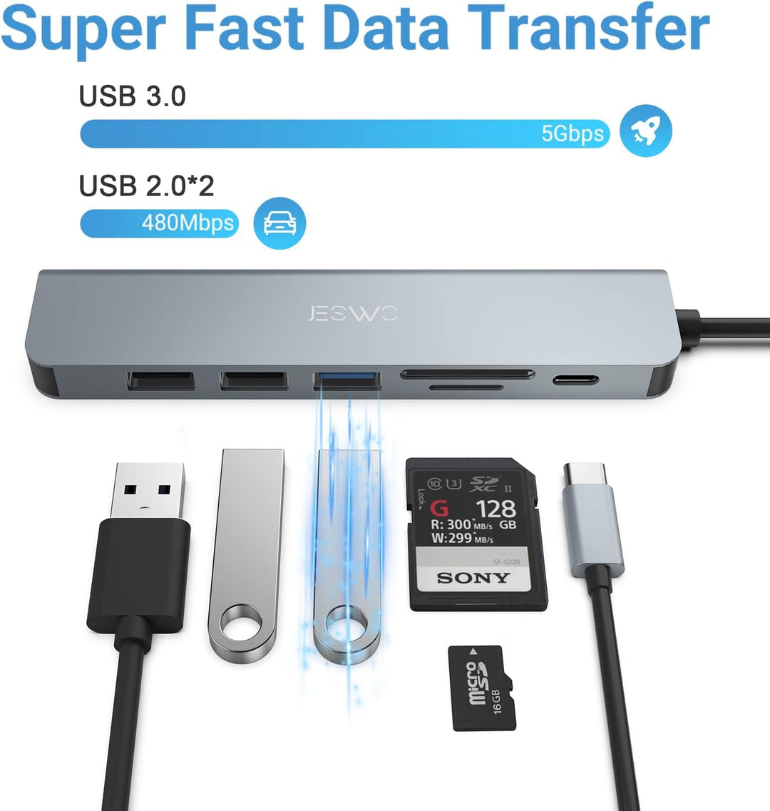 JESWO 7-in-1 USB-C-Hub mit HDMI 4K, USB 3.0, 2 USB-Ports 2.0, SD/TF-Kartenleser, 100 W PD, Multi-Por