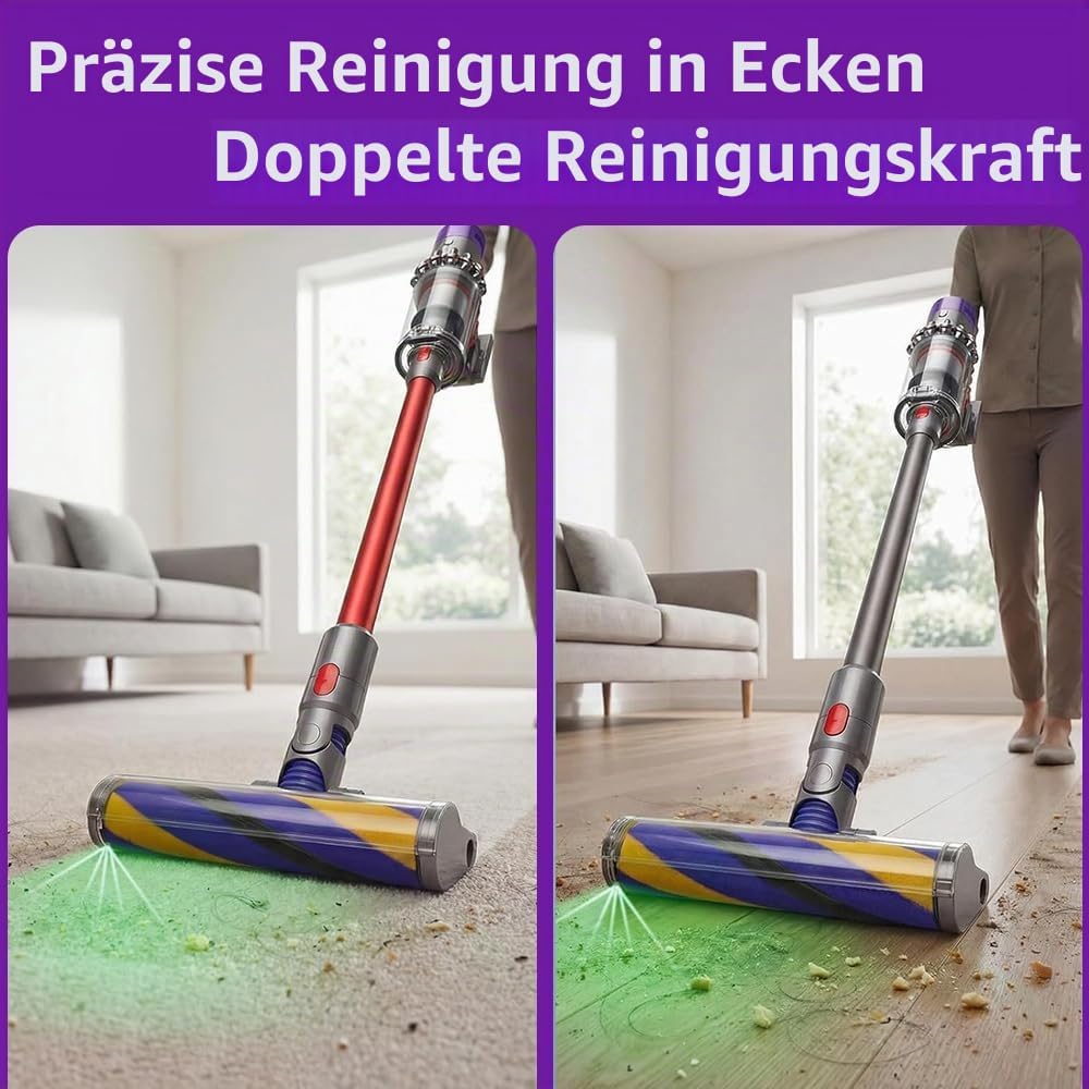 Softwalze Bodendüse für Dyson V7 V8 V10 V11 V15 Staubsauger, Elektrischer LED Fluffy Soft Roller Bür