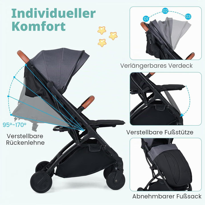 COSTWAY Kinderwagen klappbar mit Regenschutz, Reisebuggy mit verstellbarem Rückenlehne, Fussstütze,