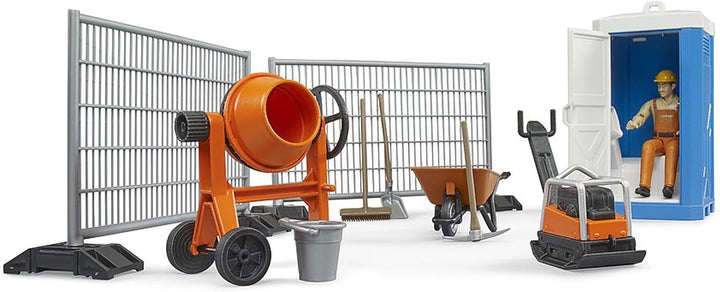 bruder 62008 - Bworld Baustellenset mit Bauarbeiter, Rüttelplatte, Mischmaschine, WC, Baustellenzaun