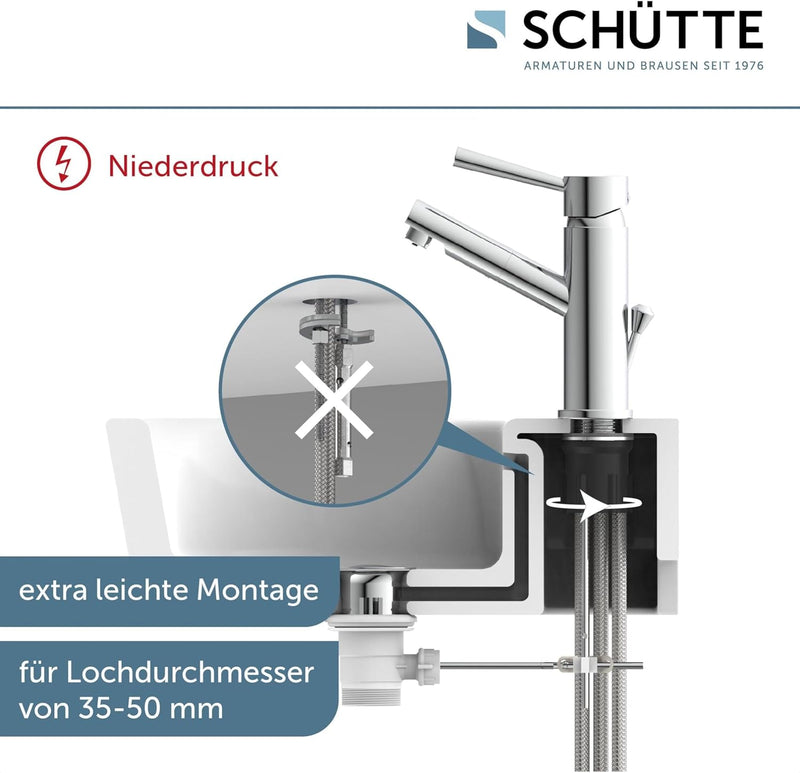 SCHÜTTE Waschtischarmatur CORNWALL Niederdruck, Badarmatur, Einhebelmischer mit Ablaufgarnitur, Chro