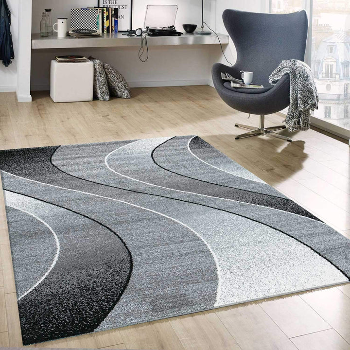 VIMODA Teppich kurzflor Geometrisches Kurven Muster Meliert Grau Anthrazit für für Wohnzimmer, Schla