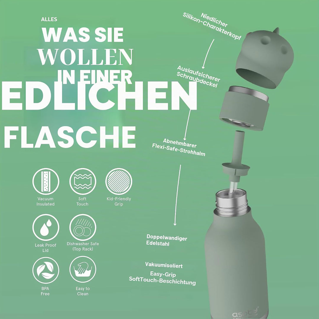 ASOBU Bestie Kindertrinkflasche mit Strohhalm – Isolierte Edelstahlflasche 420ml mit Dino-Kopf – Aus