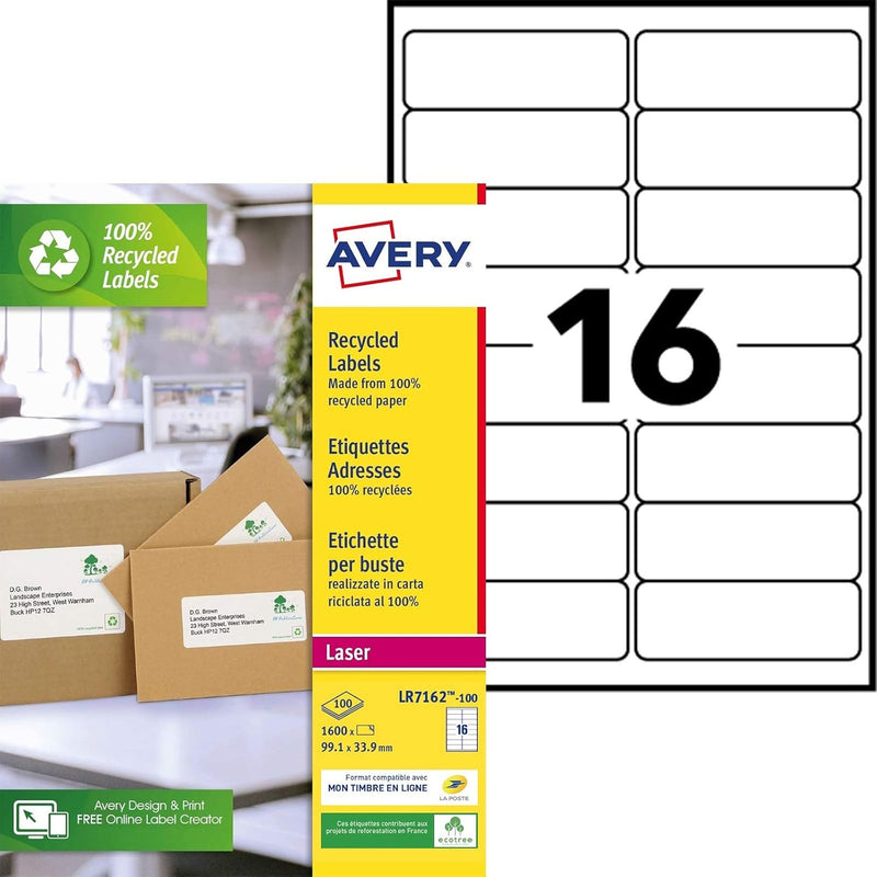 AVERY Zweckform LR7162-100 Adress-Etiketten (A4, 1.600 Stück, Recycling, 99,1 x 33,9 mm, 100 Blatt)