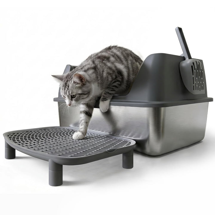XL Katzenklo Edelstahl 60x40x25 cm mit Schaufel und Pedal, Offen Katzentoilette mit Deckel &amp; Hohem R