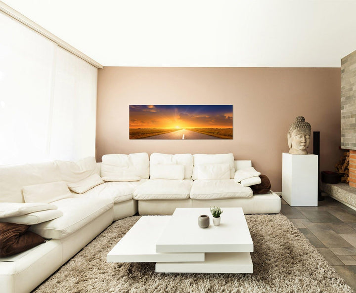 Paul Sinus Art Panoramabild auf Leinwand und Keilrahmen 150x50cm Wiesen Strasse Sonnenuntergang