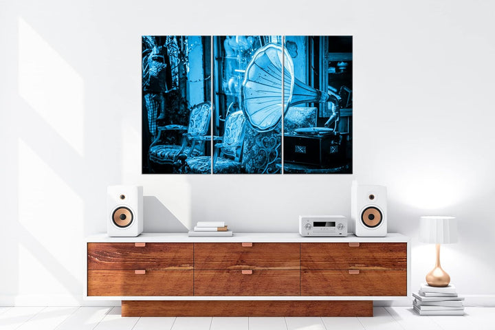 Plattenspieler Effekt: Zeichnung Format: 3-teilig 120x80 als Leinwandbild, Motiv fertig gerahmt auf