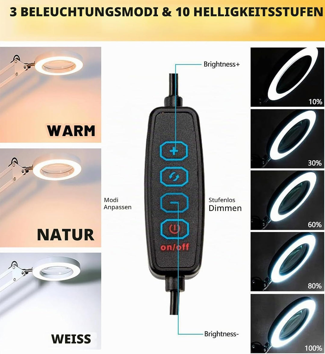 10X Lupe mit Licht und Ständer, Lupenleuchte mit 72 LEDs, 3 Farbmodi Dimmbare&amp;10 Helligkeitsstufen,
