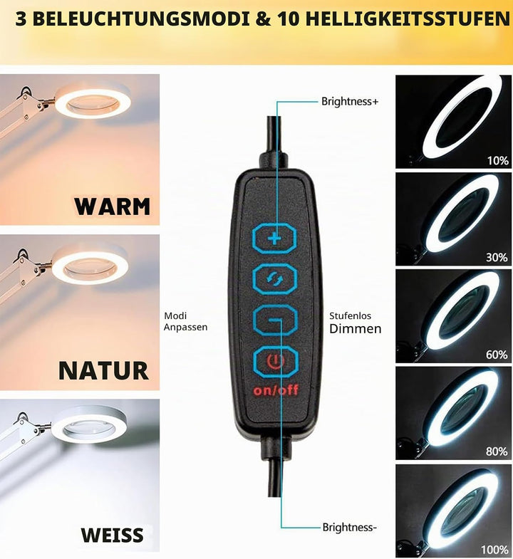 10X Lupe mit Licht und Ständer, Lupenleuchte mit 72 LEDs, 3 Farbmodi Dimmbare&amp;10 Helligkeitsstufen,