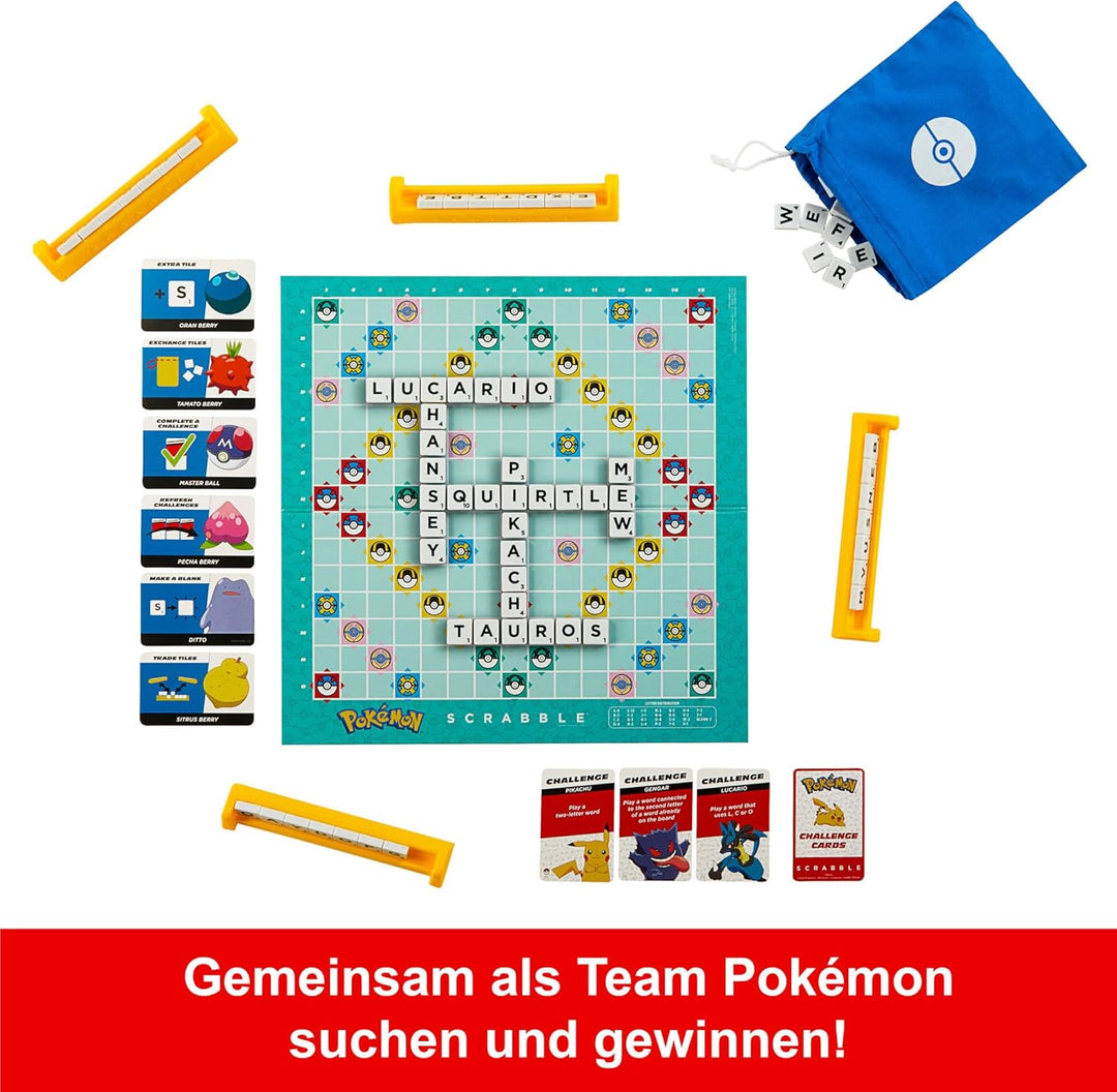 Mattel Games Scrabble Pokémon-Brettspiel, Familienwortspiel mit Zwei Spielmöglichkeiten, enthält 50
