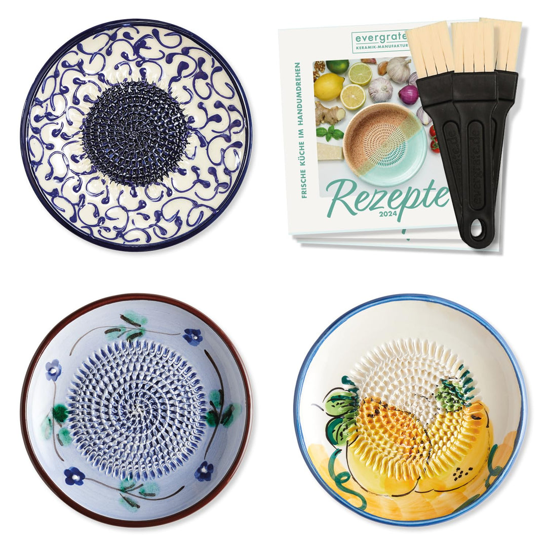 evergrate Keramikreibe 3er Verschenkset - Celia, Flora, Melissa mit Küchenpinseln und Rezeptheften,