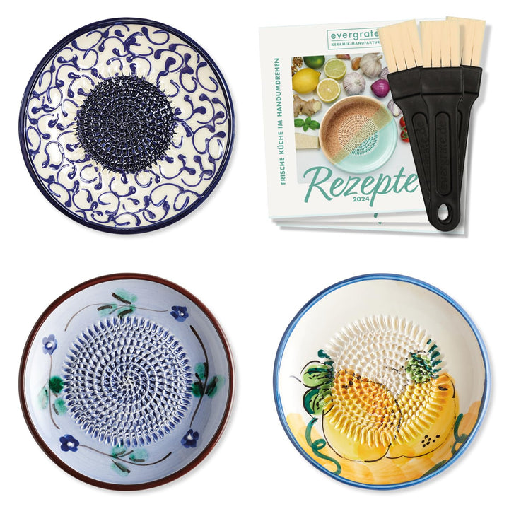 evergrate Keramikreibe 3er Verschenkset - Celia, Flora, Melissa mit Küchenpinseln und Rezeptheften,