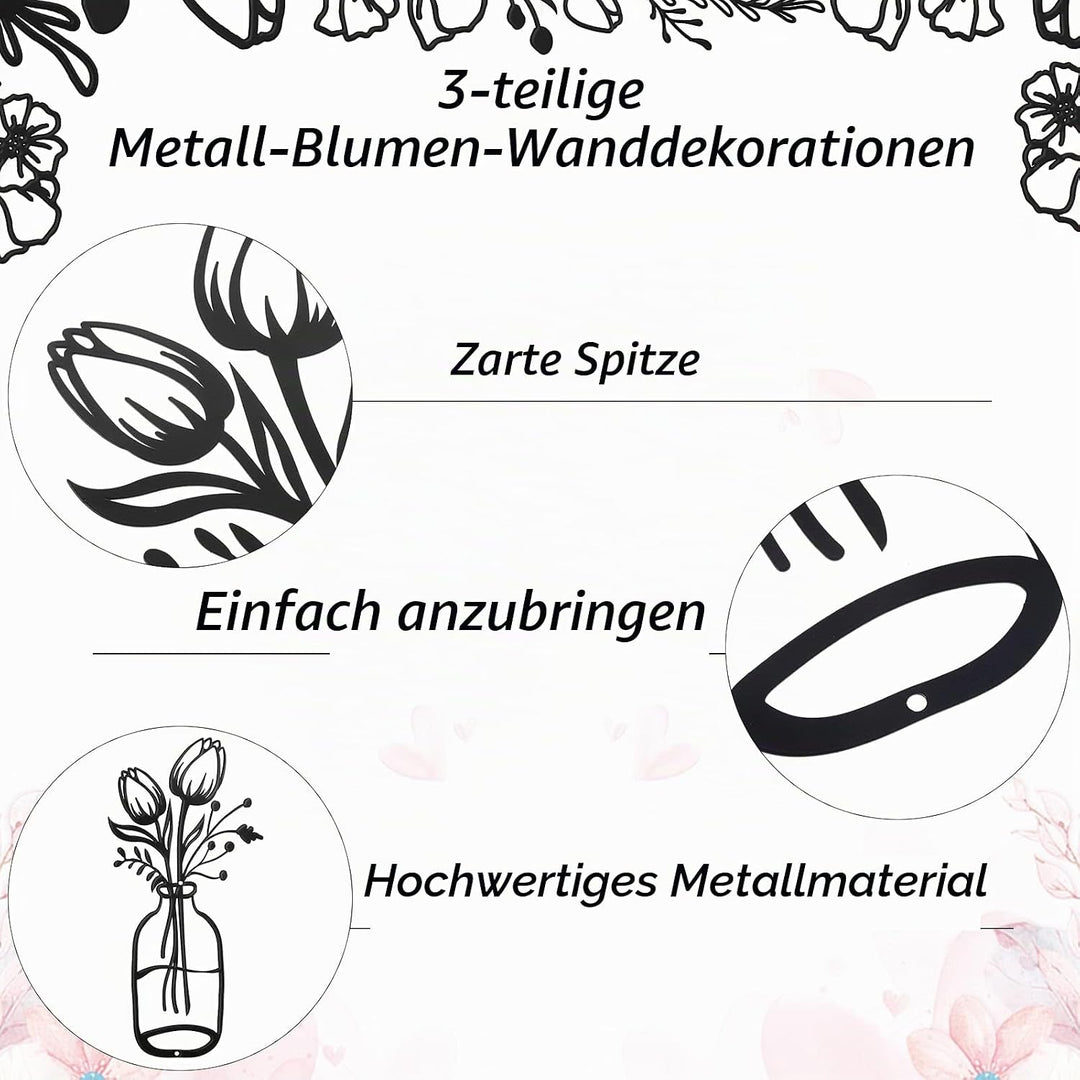 Hotop 3 Stück Metall Blumen Wanddekoration Minimalistische Vase Wandkunst Schwarze Tulpe Draht Eisen