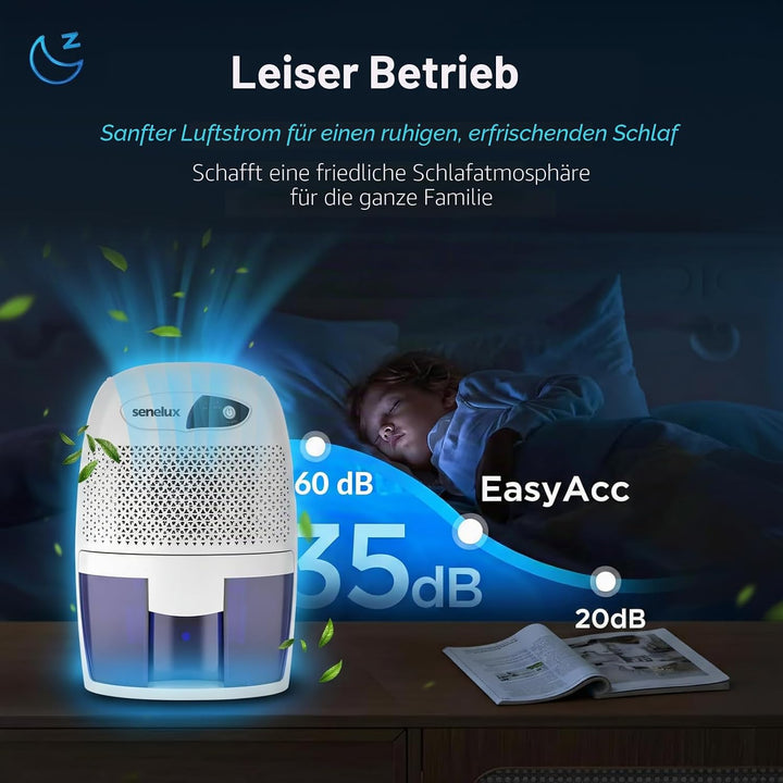 Senelux Leistungsstarker Mini-Luftentfeuchter, 500 ml, tragbar, leise, kleiner Luftentfeuchter, effi
