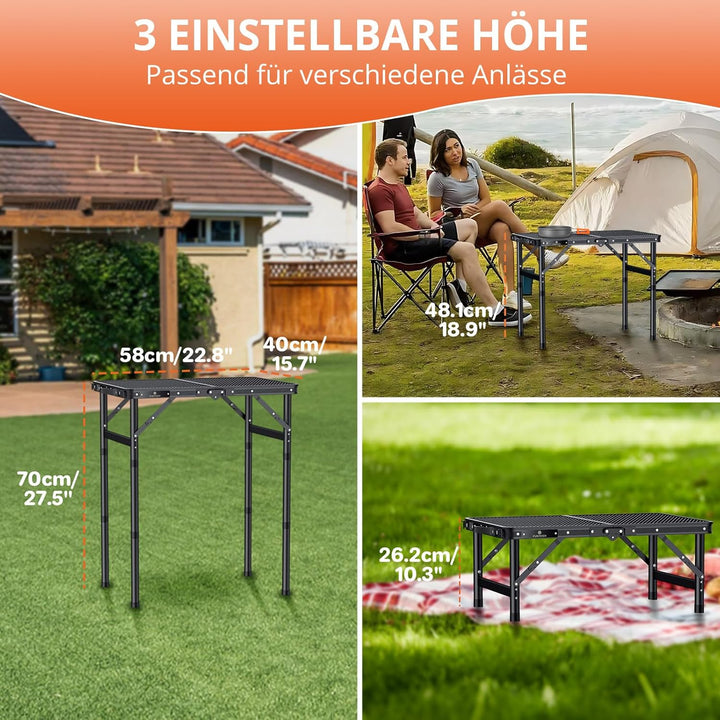 FUNYKICH Tragbarer Grilltisch 58 x 40cm, Campingtisch Outdoor Klappbar mit 3 Höhen Verstellbarer(26/