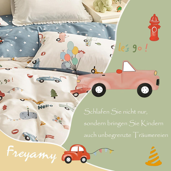 Freyamy Kleinkinder-Bettwäsche-Set 135x200,Cartoon Kinderbettwäsche für Mädchen Jungen,Autos Wendemo