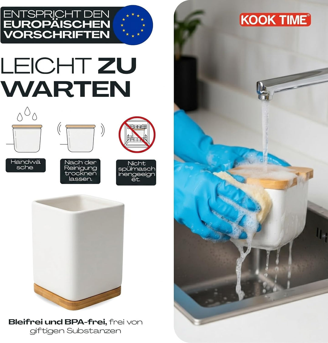 KOOK TIME Küchenutensilienhalter - Utensilienhalter küche aus keramik und Bambus - Quadratischer küc