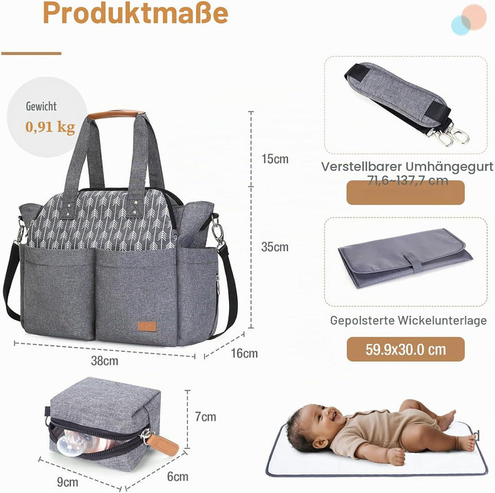 Lekebaby Baby Wickeltasche Bote gross mit Wickelunterlage für Reise, Grau, Grau