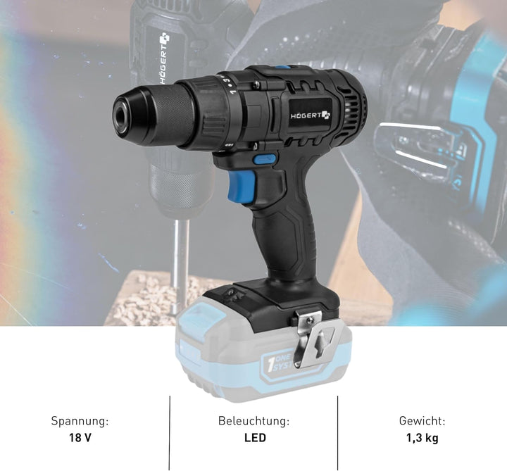 HÖGERT TECHNIK Akku-Bohrschrauber Set 18V, 50 Nm Drehmoment, 2,0 Ah Akku, 4A Ladegerät, Metallgetrie