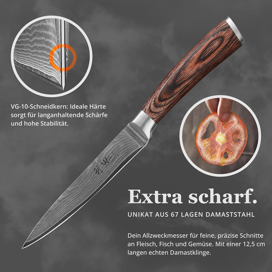 Wakoli EDIB Damast Allzweckmesser mit Gravur – Personalisiertes Messer, 12,5 cm Klinge aus 67 Lagen