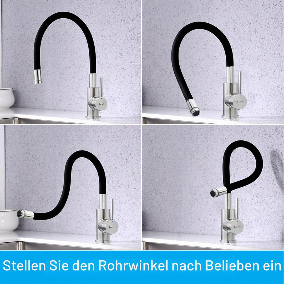 Ibergrif, Einhebel Küchenarmatur, Wasserhahn für Küche mit Schwarz Flexibler Auslauf, Supersteel, Sc
