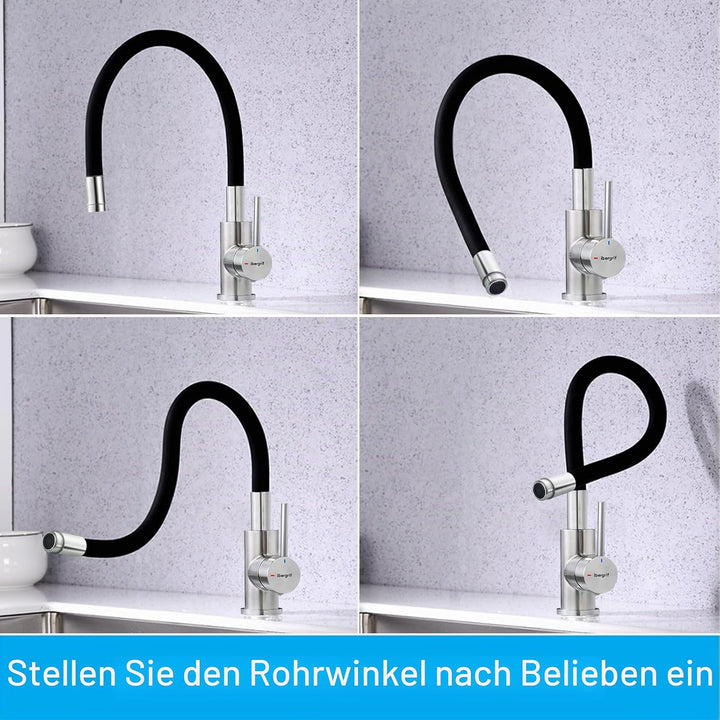 Ibergrif, Einhebel Küchenarmatur, Wasserhahn für Küche mit Schwarz Flexibler Auslauf, Supersteel, Sc