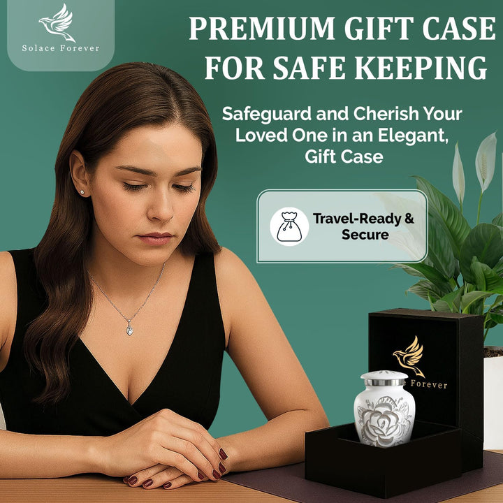 Weisse Rosenurne – Kleine Urne für Asche – Weisse Miniurne mit Premium-Box und Tasche – Weisse Anden