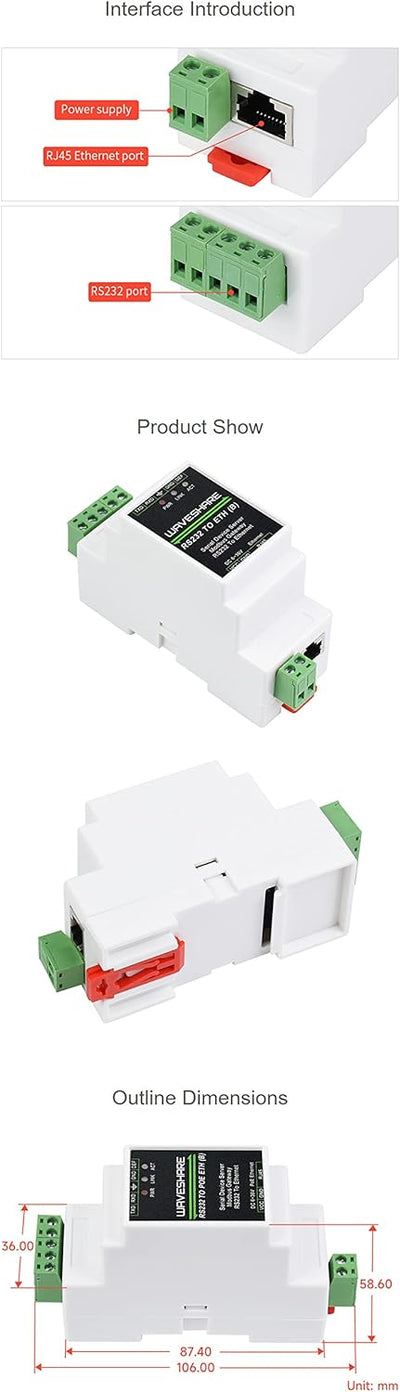 Industrial Serial RS232 to RJ45 Ethernet Server Module with POE Function TCP/IP to Serial Rail-Mount