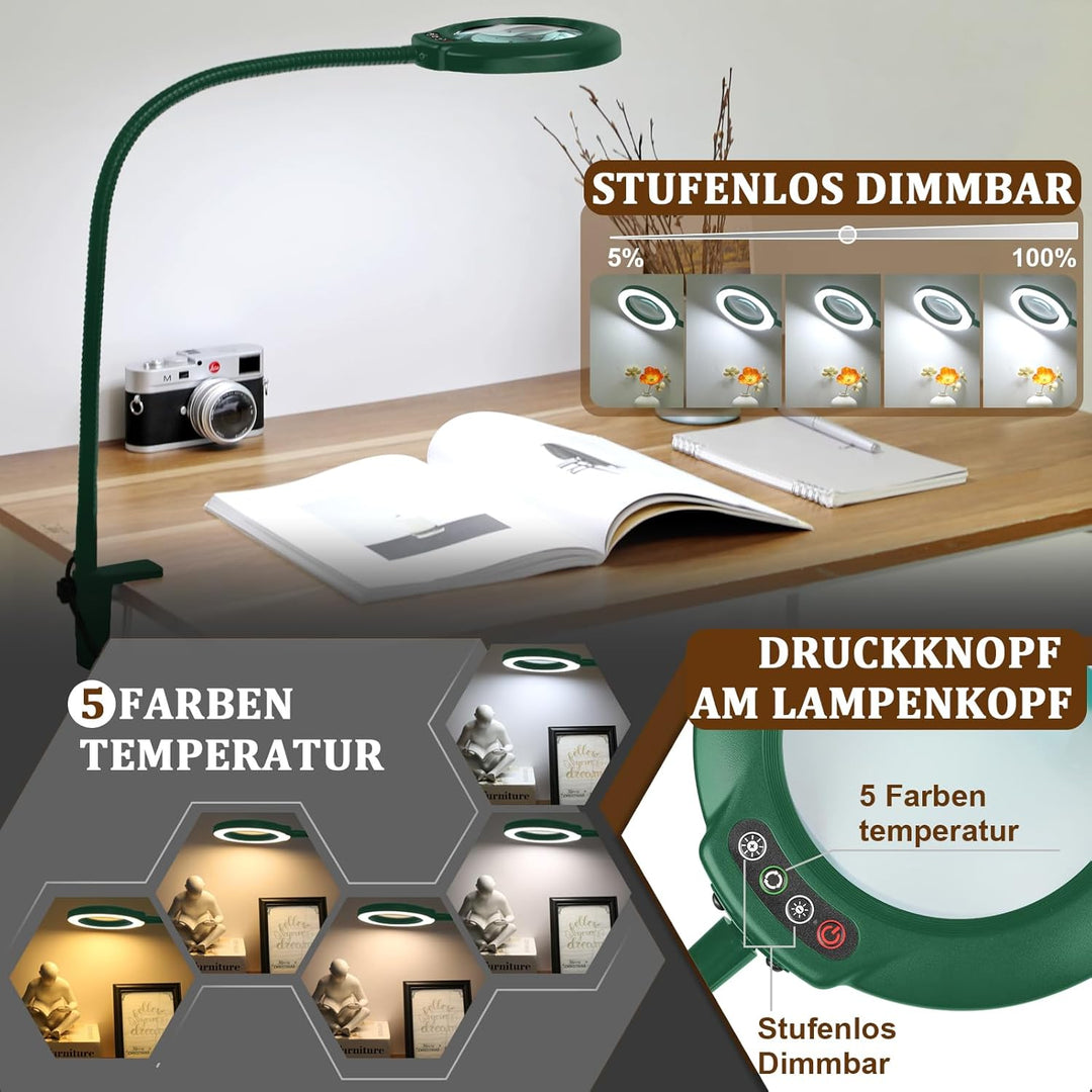 Veemagni 12X Lupe mit Licht und Klemme, Echtes Glas Lupenlampe, 5 Farbmodi Stufenlos Dimmbare, 23 Zo