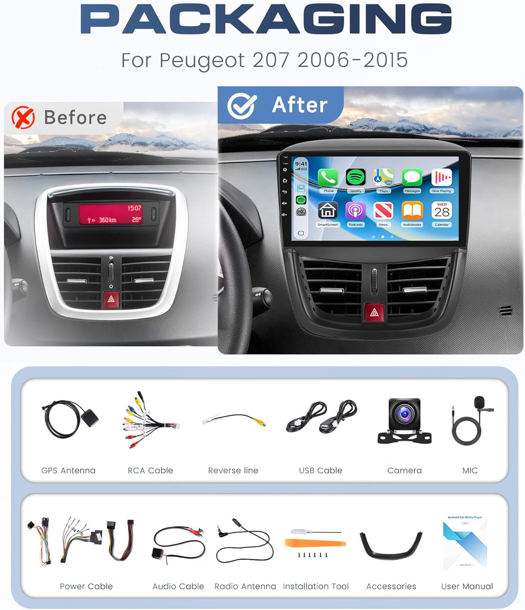 Rimoody 8 Core 6G+128G Autoradio für Peugeot 207 2006-2015 Carplay Wireless 9" Radio Auto Android 15