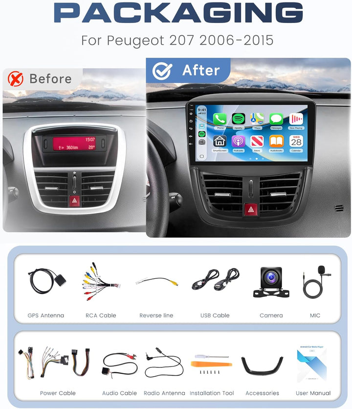 Rimoody 8 Core 6G+128G Autoradio für Peugeot 207 2006-2015 Carplay Wireless 9" Radio Auto Android 15