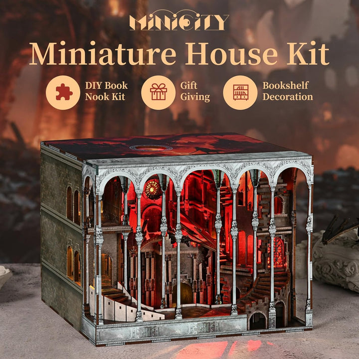 DIY Book Nook Kit, DIY Puppenhäuser Miniatur Haus Kit 3D Puzzle Buchstützen aus Holz, Kreative Gesch