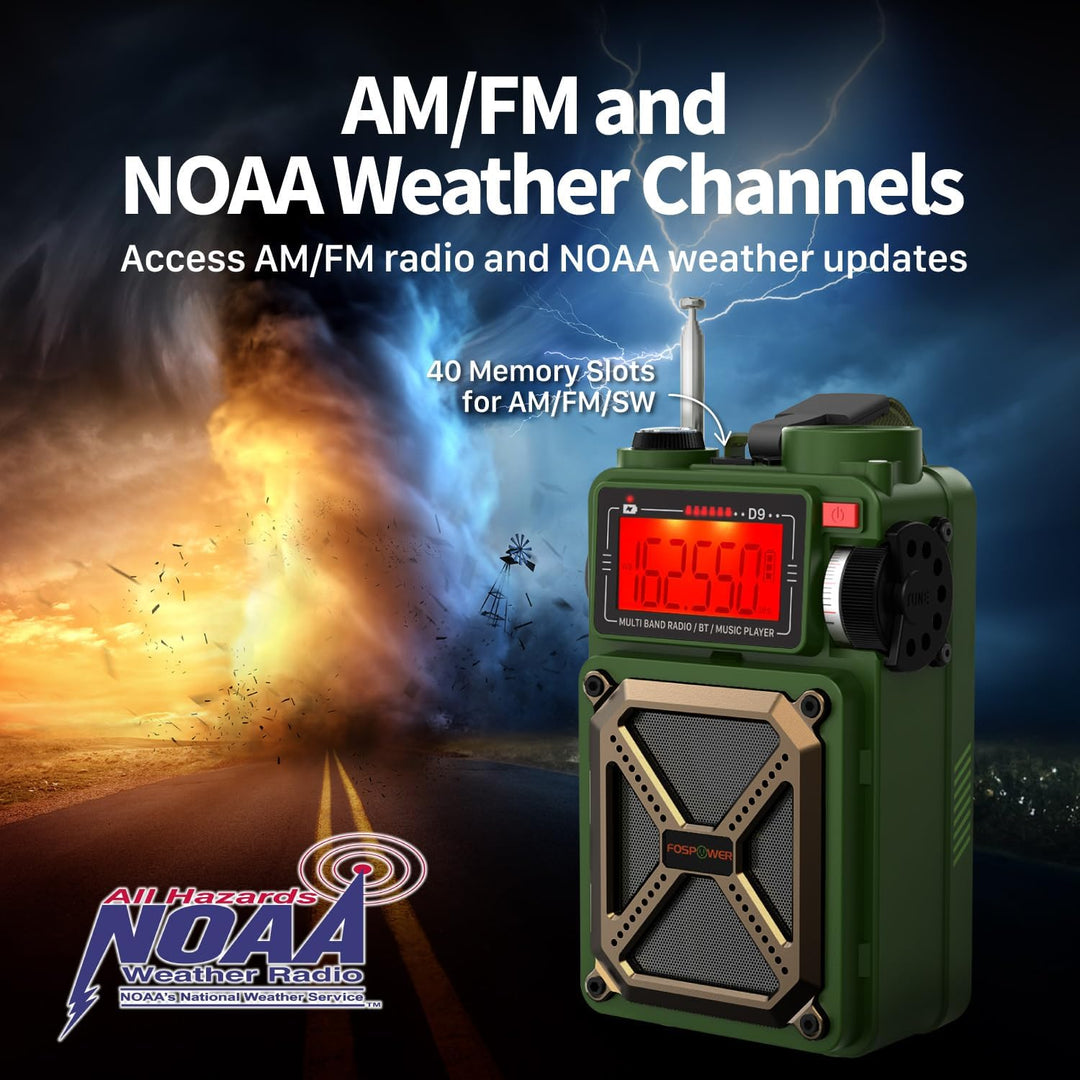 FosPower Solar Crank Radio Model D9 with LCD, Flashlight AM/FM/WB and Bank d'power Supply 4,000 mAh