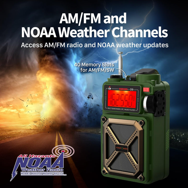 FosPower Solar Crank Radio Model D9 with LCD, Flashlight AM/FM/WB and Bank d'power Supply 4,000 mAh