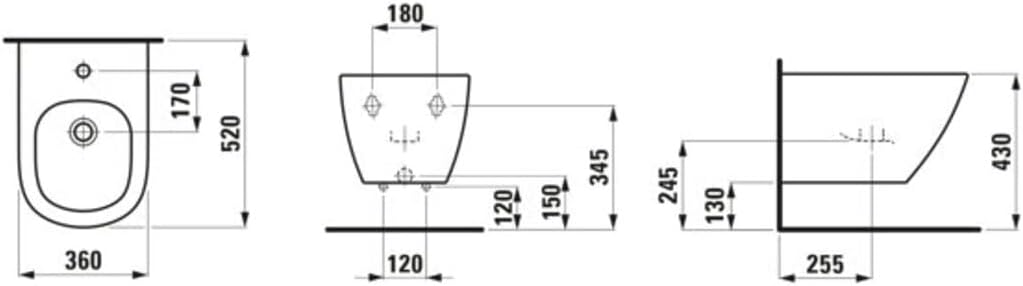 LAUFEN Lua Wandbidet, mit Überlauf, 1 Hahnloch, 360x520mm, Eckventile innenliegend, H8300810493021,